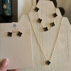 Gold and Black Clover Necklace, Earrings, bracelet Set